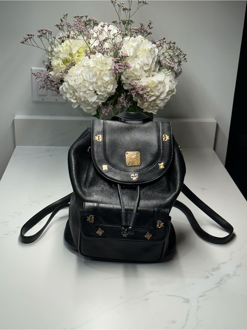 Mcm Black Leather Mini Backpack - Gold Hardware